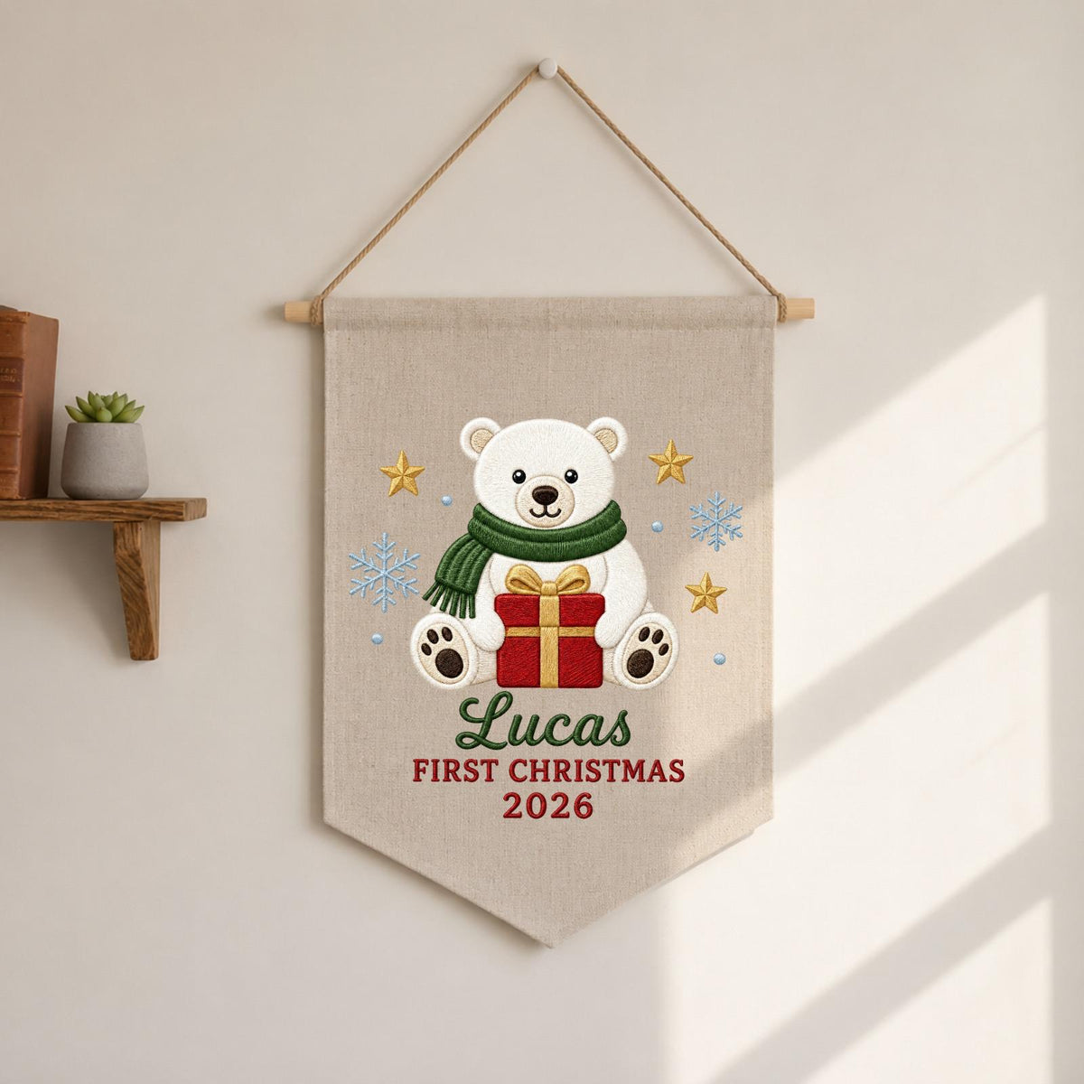 Personalized Embroidered First Christmas Wall Hanging Banner, Custom Baby Name Sign, Polar Bear Nursery Decor, Baby Christmas Gift 2026