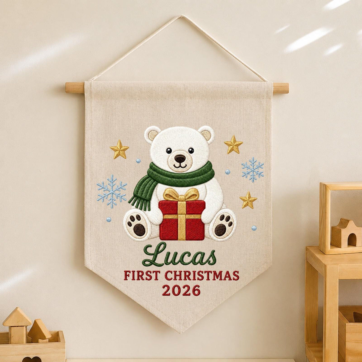 Personalized Embroidered First Christmas Wall Hanging Banner, Custom Baby Name Sign, Polar Bear Nursery Decor, Baby Christmas Gift 2026
