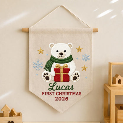 Personalized Embroidered First Christmas Wall Hanging Banner, Custom Baby Name Sign, Polar Bear Nursery Decor, Baby Christmas Gift 2026