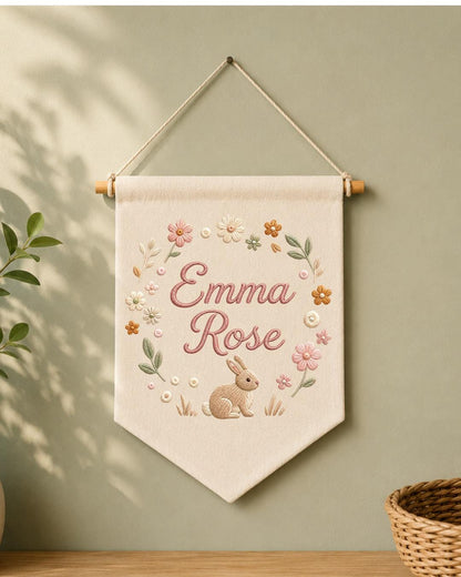 Personalized Bunny Nursery Wall Hanging, Custom Name Embroidered Banner, Floral Baby Girl Room Decor, Rabbit Nursery Gift