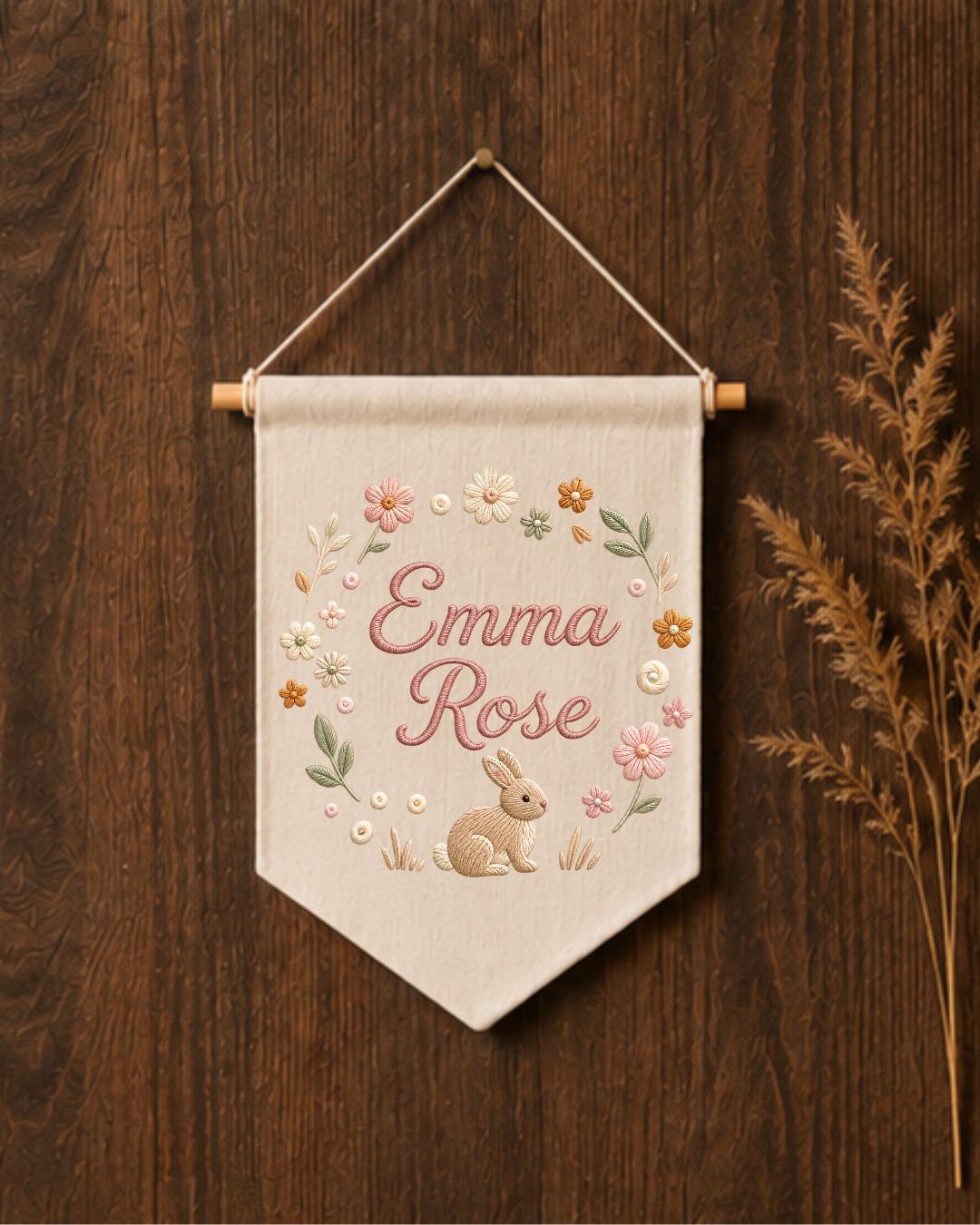 Personalized Bunny Nursery Wall Hanging, Custom Name Embroidered Banner, Floral Baby Girl Room Decor, Rabbit Nursery Gift
