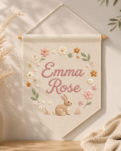 Personalized Bunny Nursery Wall Hanging, Custom Name Embroidered Banner, Floral Baby Girl Room Decor, Rabbit Nursery Gift