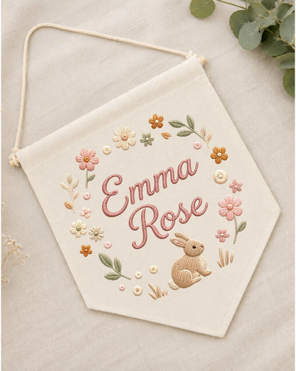 Personalized Bunny Nursery Wall Hanging, Custom Name Embroidered Banner, Floral Baby Girl Room Decor, Rabbit Nursery Gift