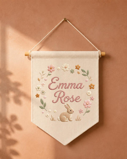 Personalized Bunny Nursery Wall Hanging, Custom Name Embroidered Banner, Floral Baby Girl Room Decor, Rabbit Nursery Gift
