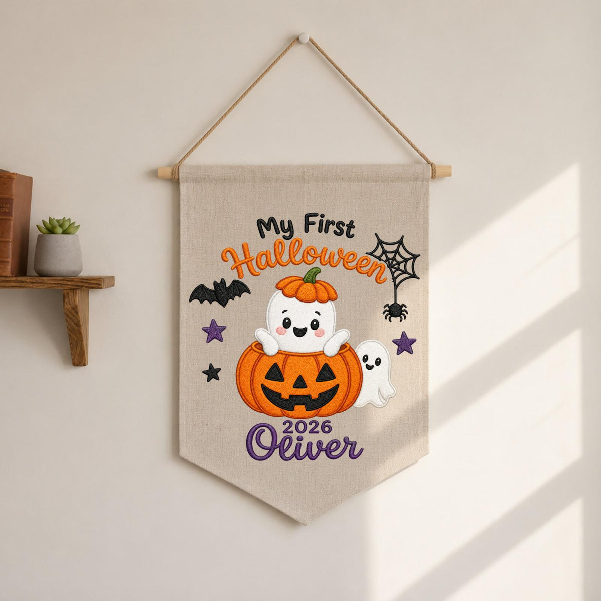 Personalized Embroidered First Halloween Wall Hanging Banner, Custom Baby Name Sign, Pumpkin Ghost Nursery Decor, Baby Halloween Gift 2026