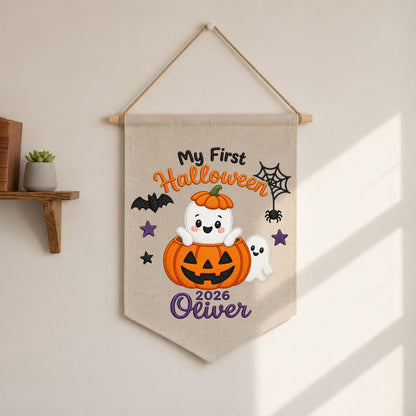 Personalized Embroidered First Halloween Wall Hanging Banner, Custom Baby Name Sign, Pumpkin Ghost Nursery Decor, Baby Halloween Gift 2026