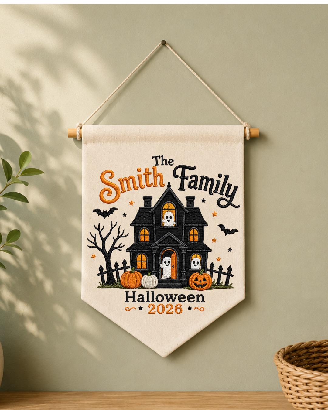 Personalized Family Halloween Wall Hanging, Custom Family Name Embroidered Haunted House Banner, Spooky Ghost Pumpkin Decor, Halloween Gift