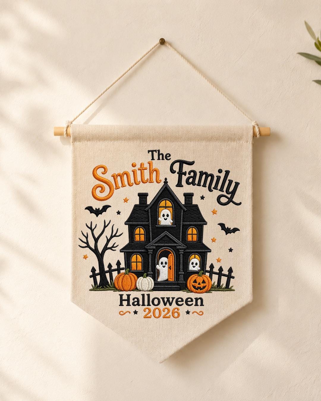 Personalized Family Halloween Wall Hanging, Custom Family Name Embroidered Haunted House Banner, Spooky Ghost Pumpkin Decor, Halloween Gift