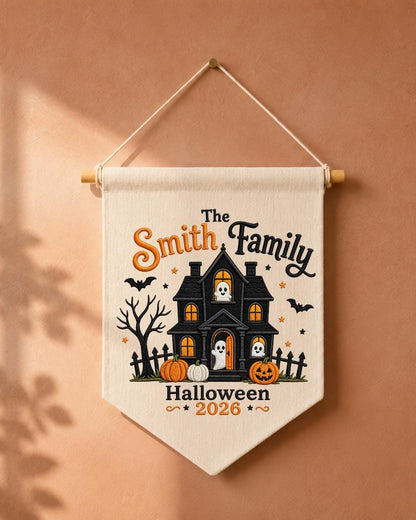 Personalized Family Halloween Wall Hanging, Custom Family Name Embroidered Haunted House Banner, Spooky Ghost Pumpkin Decor, Halloween Gift