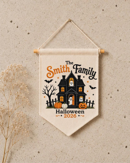 Personalized Family Halloween Wall Hanging, Custom Family Name Embroidered Haunted House Banner, Spooky Ghost Pumpkin Decor, Halloween Gift