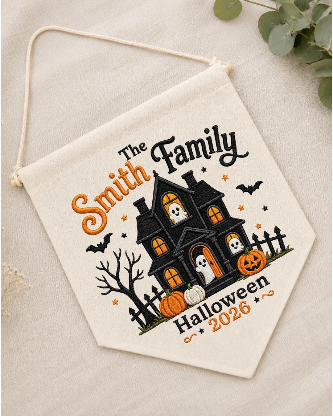 Personalized Family Halloween Wall Hanging, Custom Family Name Embroidered Haunted House Banner, Spooky Ghost Pumpkin Decor, Halloween Gift