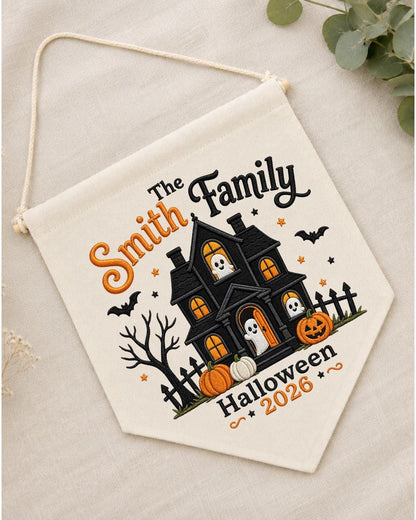 Personalized Family Halloween Wall Hanging, Custom Family Name Embroidered Haunted House Banner, Spooky Ghost Pumpkin Decor, Halloween Gift