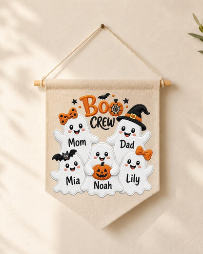 Personalized Halloween Family Wall Hanging, Custom Names Embroidered Ghost Banner, Boo Crew Decor, Spooky Family Keepsake Gift