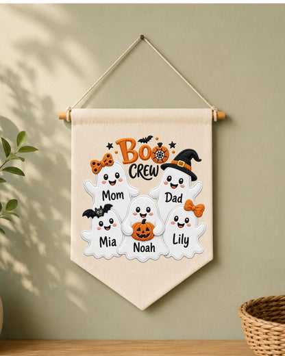 Personalized Halloween Family Wall Hanging, Custom Names Embroidered Ghost Banner, Boo Crew Decor, Spooky Family Keepsake Gift
