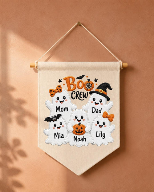 Personalized Halloween Family Wall Hanging, Custom Names Embroidered Ghost Banner, Boo Crew Decor, Spooky Family Keepsake Gift