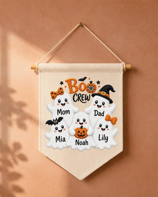 Personalized Halloween Family Wall Hanging, Custom Names Embroidered Ghost Banner, Boo Crew Decor, Spooky Family Keepsake Gift