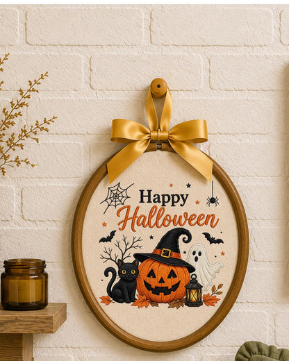 Embroidered Halloween Ornament, Happy Halloween Wall Hanging, Pumpkin Ghost Black Cat Decor, Spooky Fall Home Decor