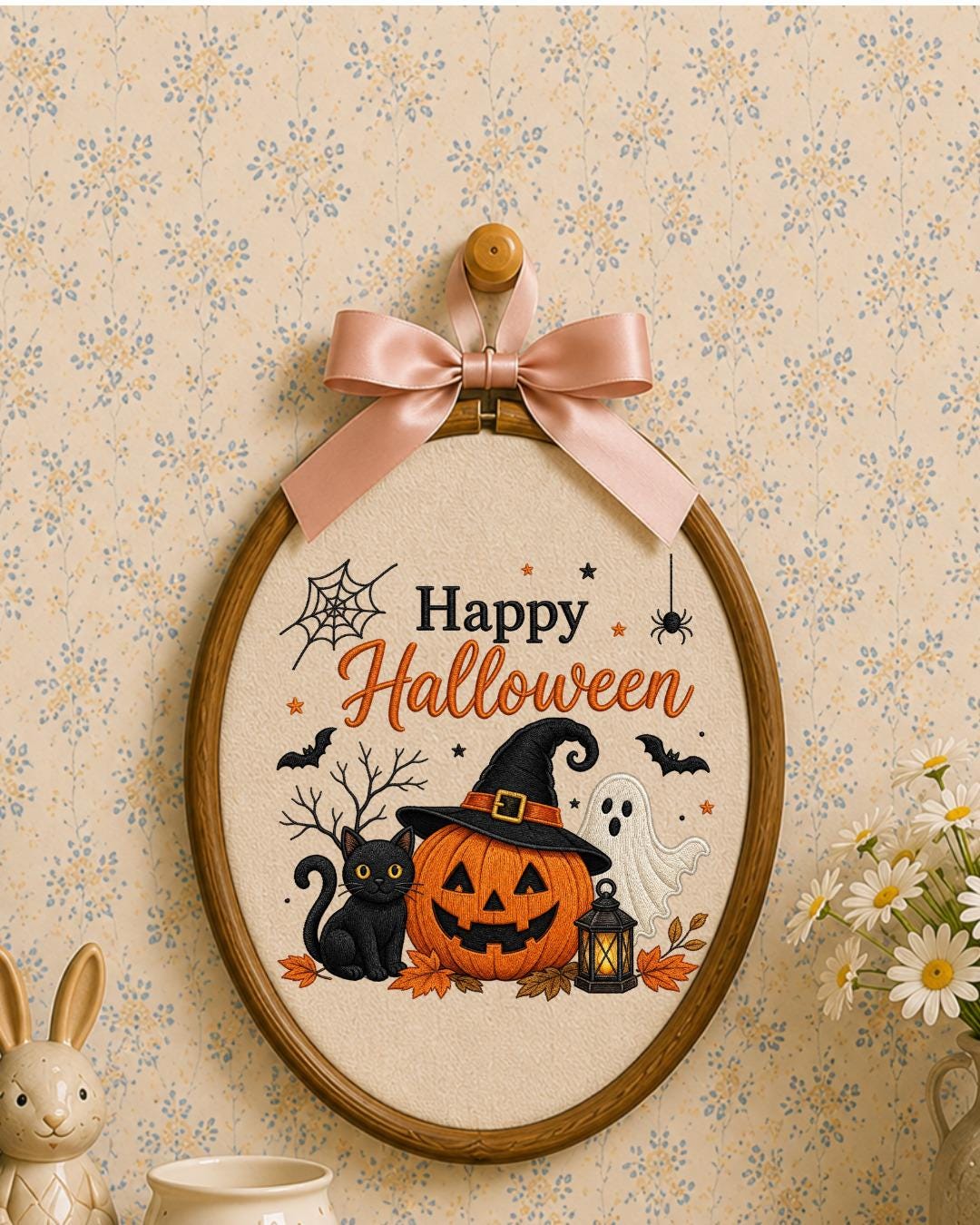 Embroidered Halloween Ornament, Happy Halloween Wall Hanging, Pumpkin Ghost Black Cat Decor, Spooky Fall Home Decor
