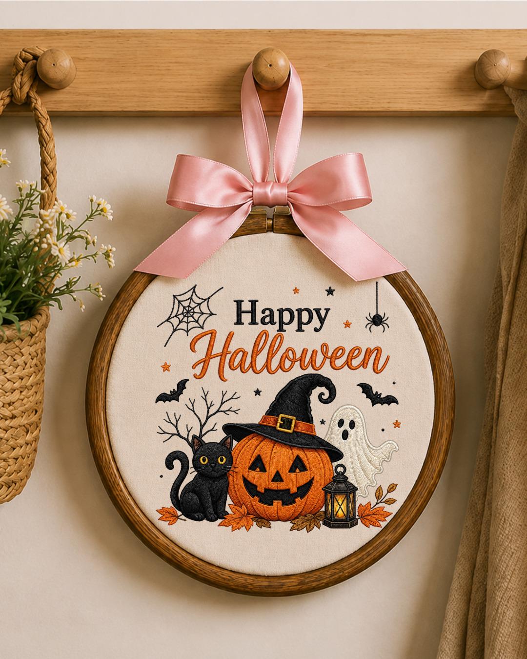 Embroidered Halloween Ornament, Happy Halloween Wall Hanging, Pumpkin Ghost Black Cat Decor, Spooky Fall Home Decor