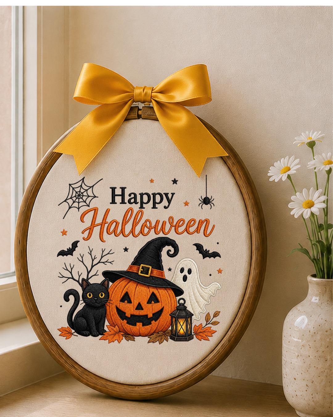 Embroidered Halloween Ornament, Happy Halloween Wall Hanging, Pumpkin Ghost Black Cat Decor, Spooky Fall Home Decor
