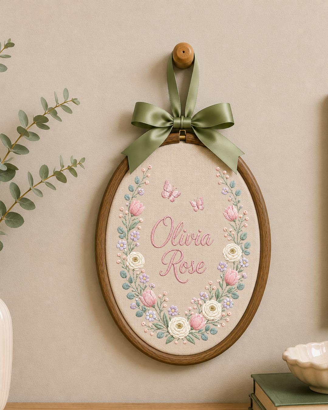 Personalized Embroidered Name Ornament, Custom Floral Baby Name Hoop, Butterfly Nursery Wall Decor, Baby Girl Keepsake Gift