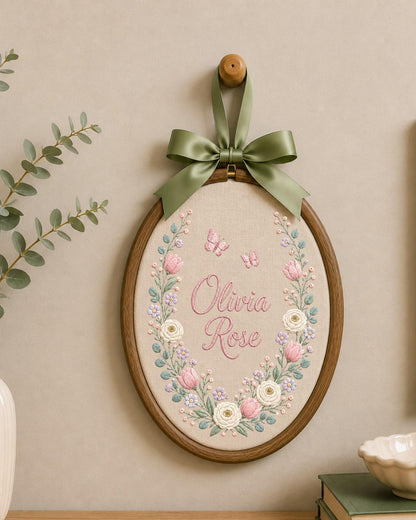 Personalized Embroidered Name Ornament, Custom Floral Baby Name Hoop, Butterfly Nursery Wall Decor, Baby Girl Keepsake Gift