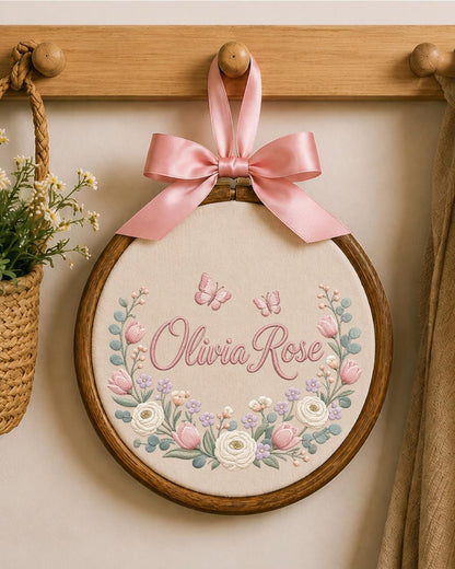 Personalized Embroidered Name Ornament, Custom Floral Baby Name Hoop, Butterfly Nursery Wall Decor, Baby Girl Keepsake Gift