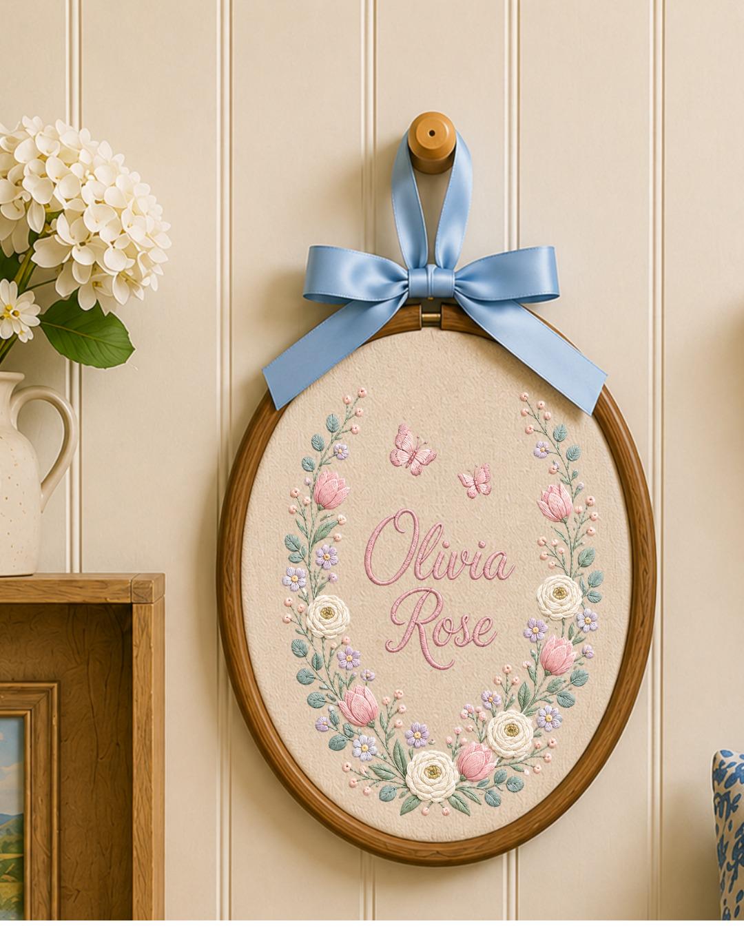 Personalized Embroidered Name Ornament, Custom Floral Baby Name Hoop, Butterfly Nursery Wall Decor, Baby Girl Keepsake Gift