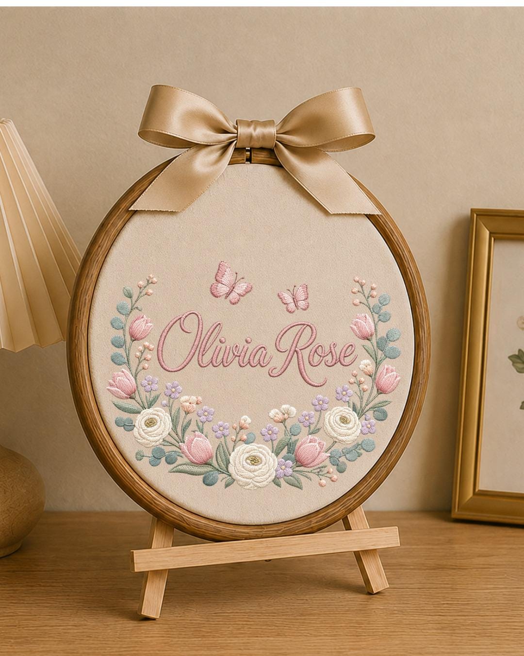 Personalized Embroidered Name Ornament, Custom Floral Baby Name Hoop, Butterfly Nursery Wall Decor, Baby Girl Keepsake Gift