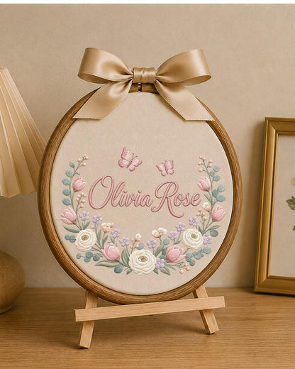 Personalized Embroidered Name Ornament, Custom Floral Baby Name Hoop, Butterfly Nursery Wall Decor, Baby Girl Keepsake Gift
