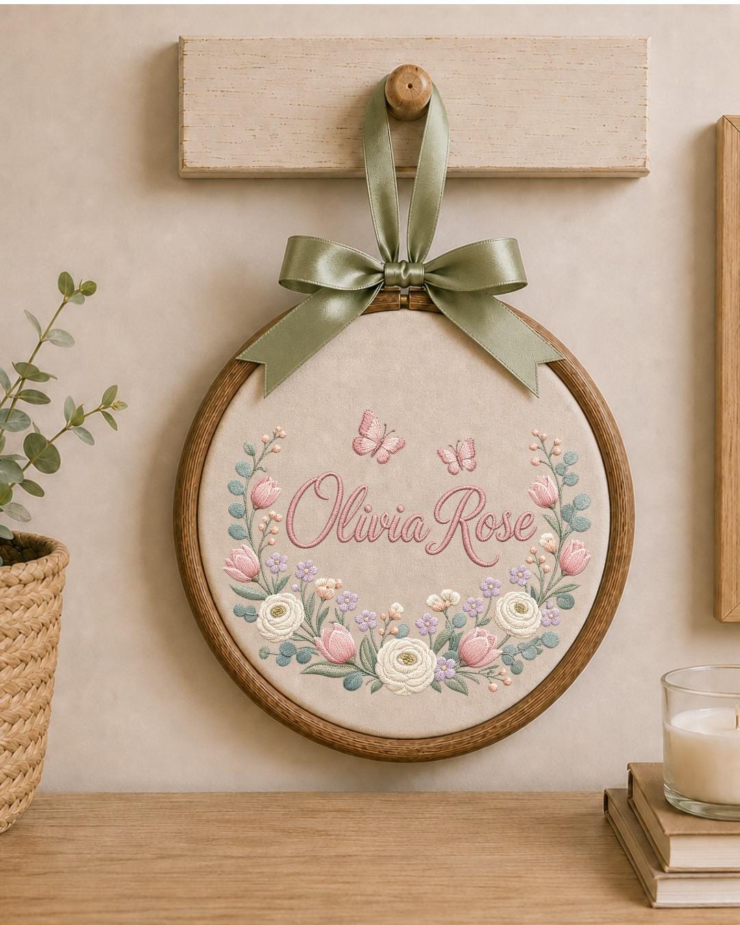 Personalized Embroidered Name Ornament, Custom Floral Baby Name Hoop, Butterfly Nursery Wall Decor, Baby Girl Keepsake Gift