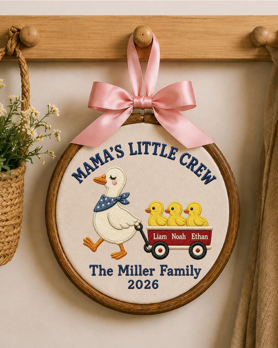 Personalized Embroidered Goose Family Ornament, Mama’s Little Crew Hoop, Custom Kids Names Decor, Mother’s Day Gift for Mom