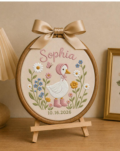 Personalized Embroidered Goose Ornament, Custom Baby Name and Birth Date Hoop, Floral Nursery Wall Decor, Baby Girl Keepsake Gift