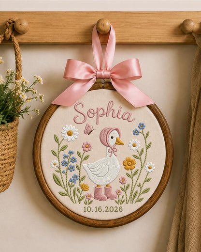 Personalized Embroidered Goose Ornament, Custom Baby Name and Birth Date Hoop, Floral Nursery Wall Decor, Baby Girl Keepsake Gift