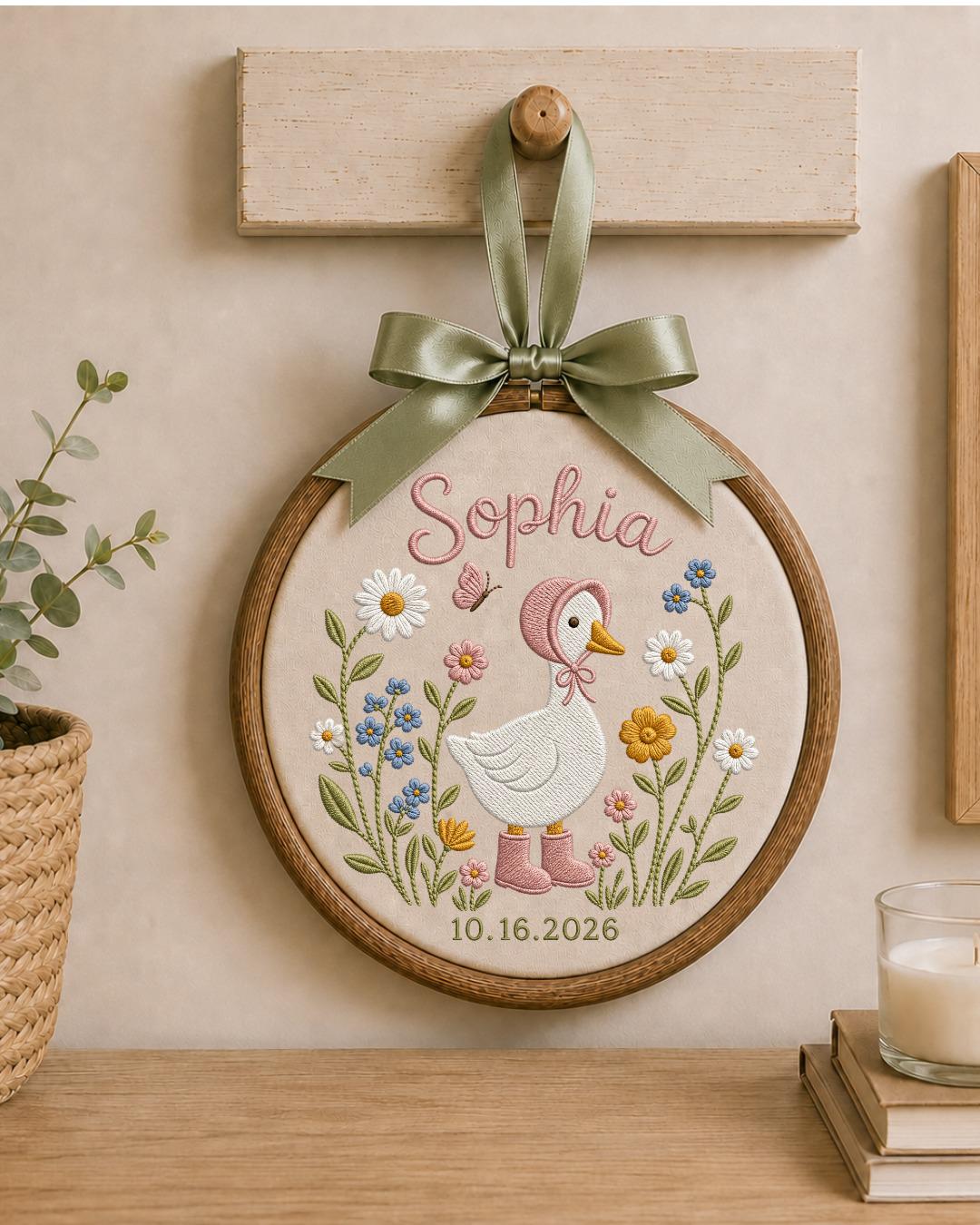 Personalized Embroidered Goose Ornament, Custom Baby Name and Birth Date Hoop, Floral Nursery Wall Decor, Baby Girl Keepsake Gift