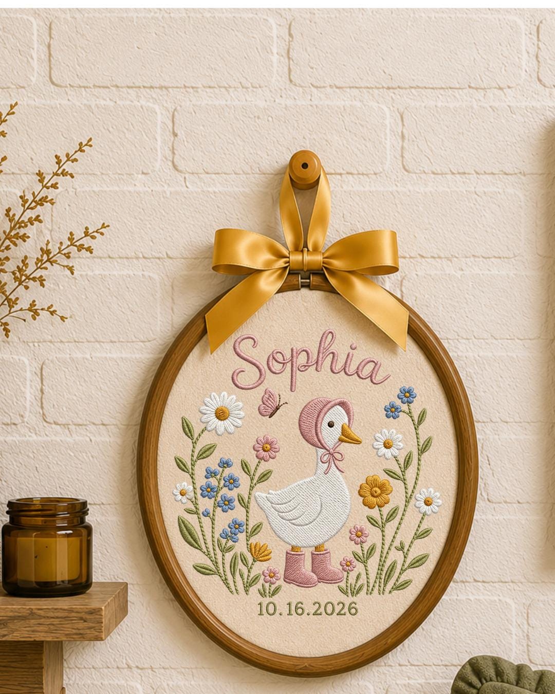 Personalized Embroidered Goose Ornament, Custom Baby Name and Birth Date Hoop, Floral Nursery Wall Decor, Baby Girl Keepsake Gift