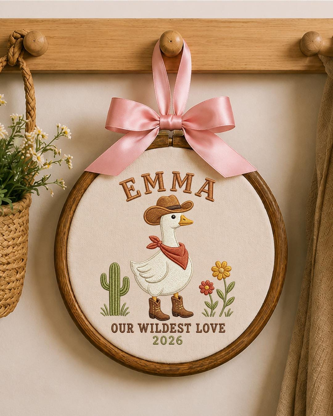 Personalized Embroidered Cowgirl Goose Ornament, Custom Baby Name Hoop, Western Nursery Decor, Wildest Love Keepsake Gift