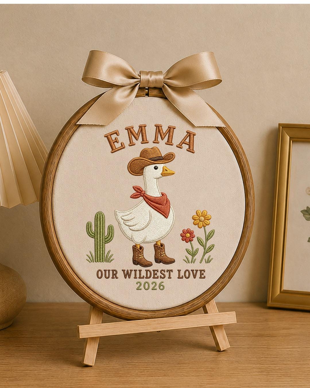 Personalized Embroidered Cowgirl Goose Ornament, Custom Baby Name Hoop, Western Nursery Decor, Wildest Love Keepsake Gift