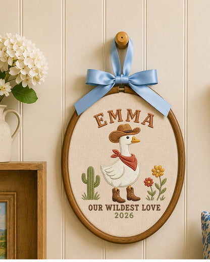 Personalized Embroidered Cowgirl Goose Ornament, Custom Baby Name Hoop, Western Nursery Decor, Wildest Love Keepsake Gift