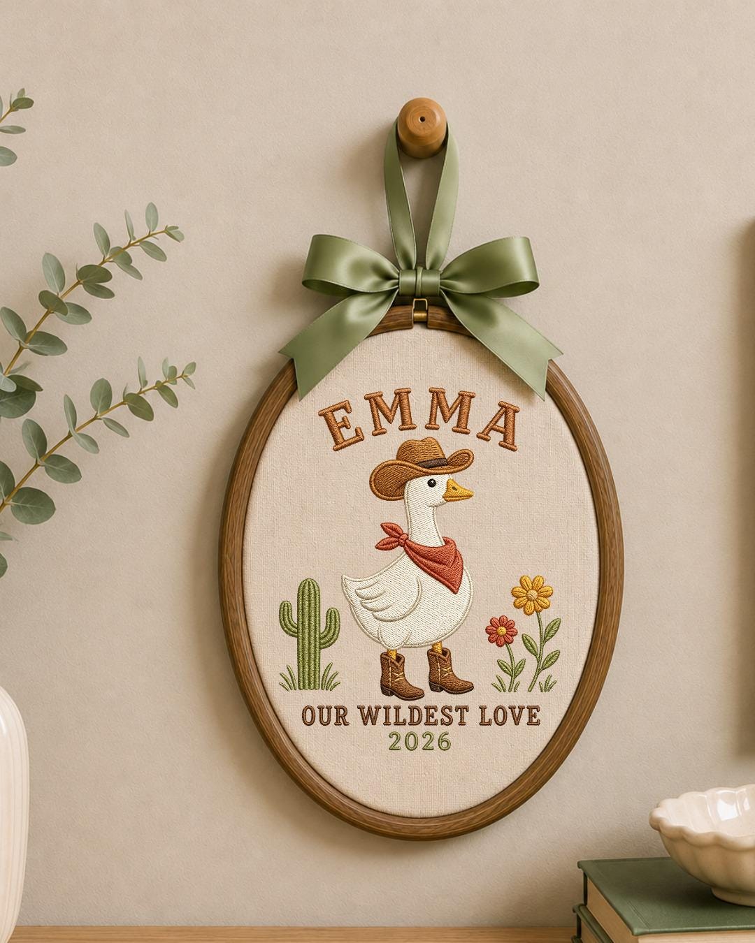 Personalized Embroidered Cowgirl Goose Ornament, Custom Baby Name Hoop, Western Nursery Decor, Wildest Love Keepsake Gift