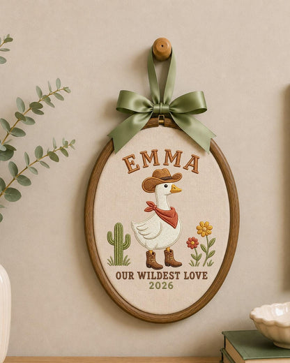 Personalized Embroidered Cowgirl Goose Ornament, Custom Baby Name Hoop, Western Nursery Decor, Wildest Love Keepsake Gift