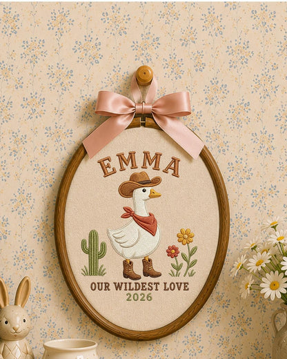 Personalized Embroidered Cowgirl Goose Ornament, Custom Baby Name Hoop, Western Nursery Decor, Wildest Love Keepsake Gift