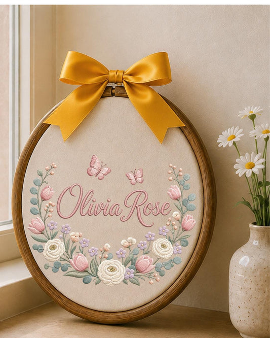 Personalized Embroidered Name Ornament, Custom Floral Baby Name Hoop, Butterfly Nursery Wall Decor, Baby Girl Keepsake Gift