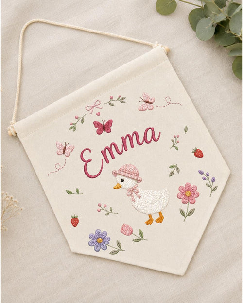 Personalized Goose Nursery Wall Hanging, Custom Name Embroidered Banner, Floral Baby Girl Room Decor, Baby Shower Gift