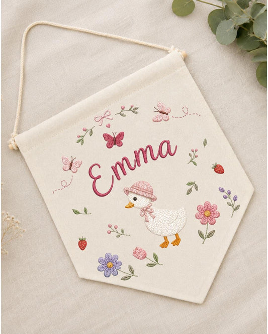 Personalized Goose Nursery Wall Hanging, Custom Name Embroidered Banner, Floral Baby Girl Room Decor, Baby Shower Gift