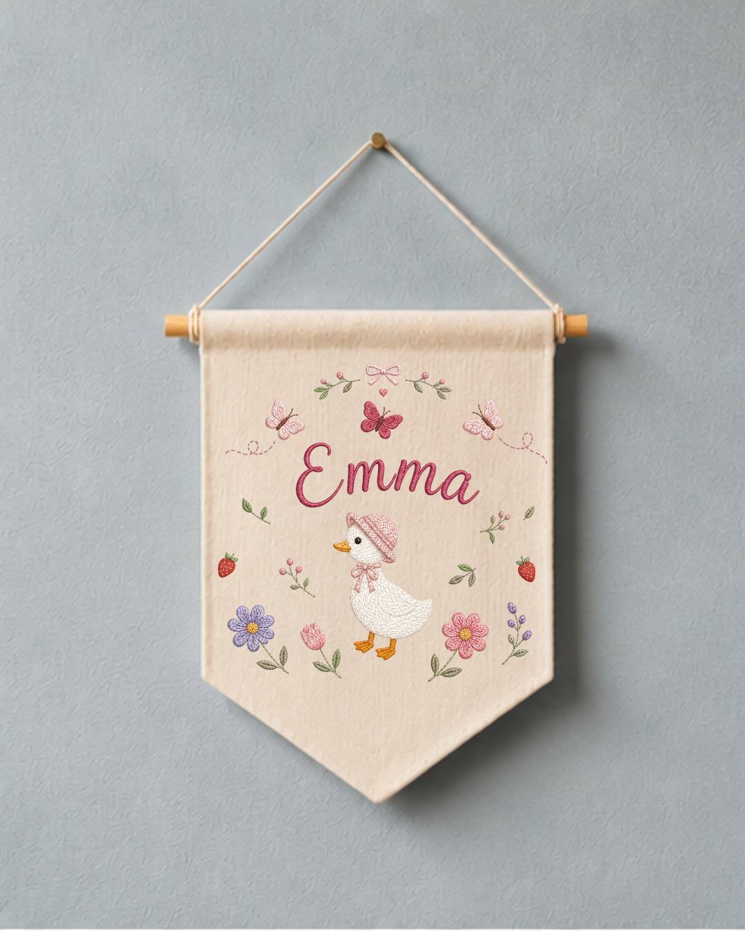 Personalized Goose Nursery Wall Hanging, Custom Name Embroidered Banner, Floral Baby Girl Room Decor, Baby Shower Gift