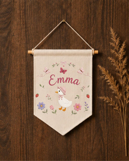 Personalized Goose Nursery Wall Hanging, Custom Name Embroidered Banner, Floral Baby Girl Room Decor, Baby Shower Gift