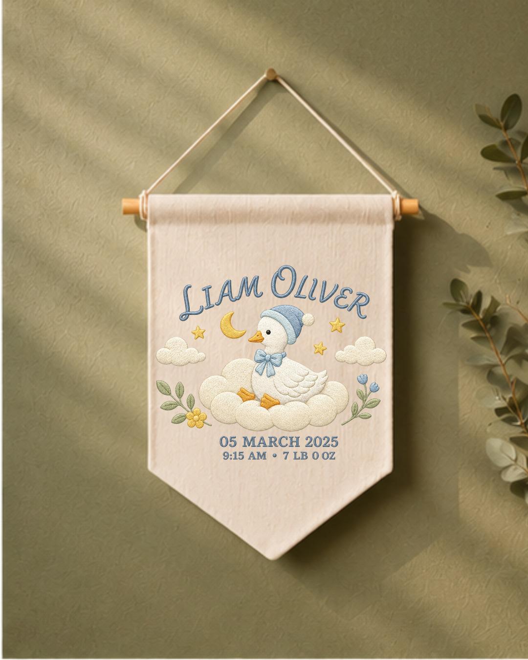 Personalized Baby Birth Stats Wall Hanging, Custom Name Embroidered Goose Banner, Baby Boy Nursery Decor, Newborn Keepsake Gift