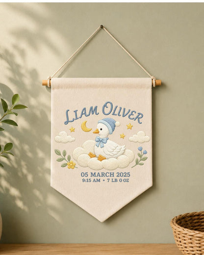 Personalized Baby Birth Stats Wall Hanging, Custom Name Embroidered Goose Banner, Baby Boy Nursery Decor, Newborn Keepsake Gift
