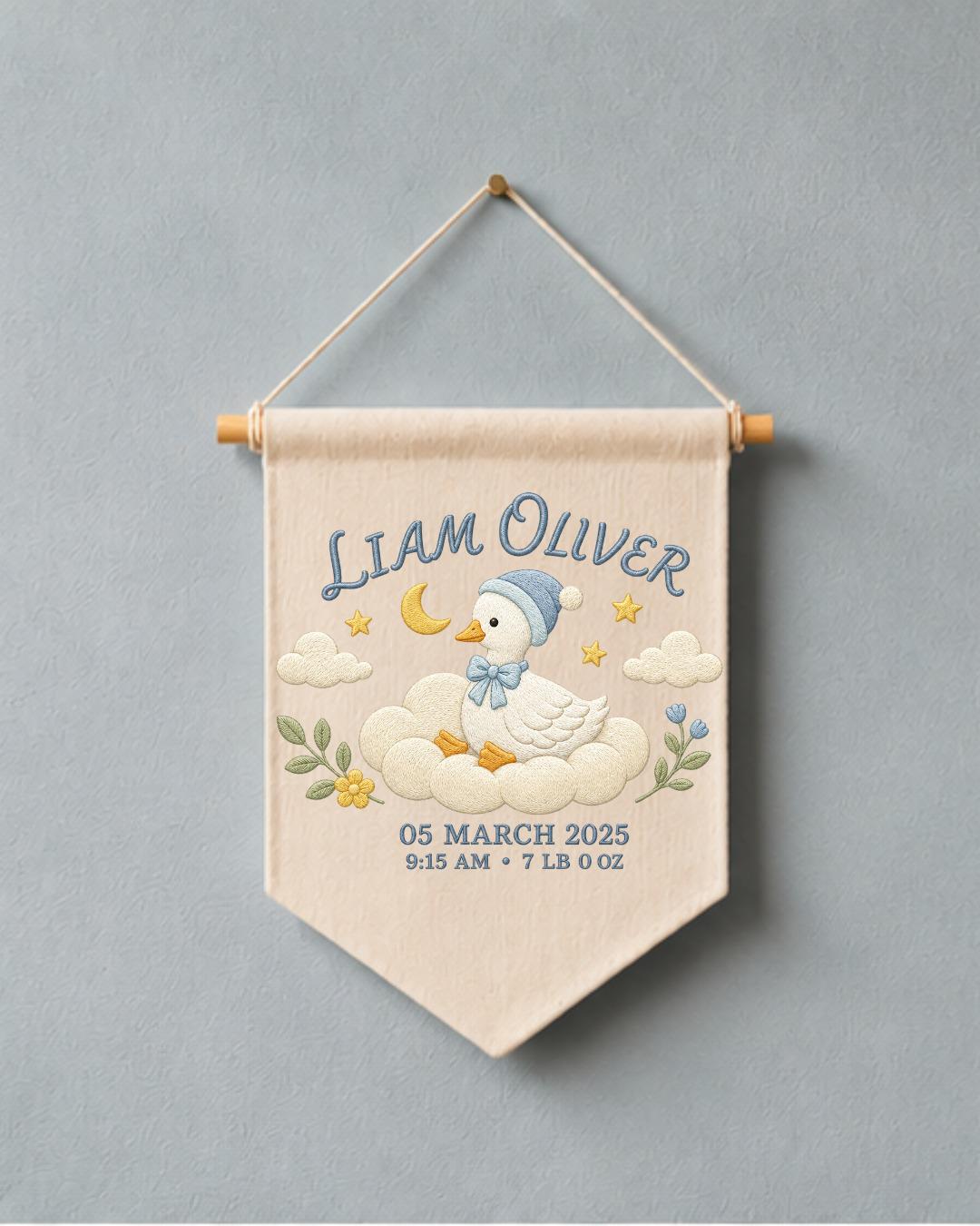 Personalized Baby Birth Stats Wall Hanging, Custom Name Embroidered Goose Banner, Baby Boy Nursery Decor, Newborn Keepsake Gift